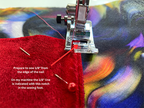 Place your needle about 1/8 from the edge of the velvet nail. Make sure to take your time with this seam because you will see it. 